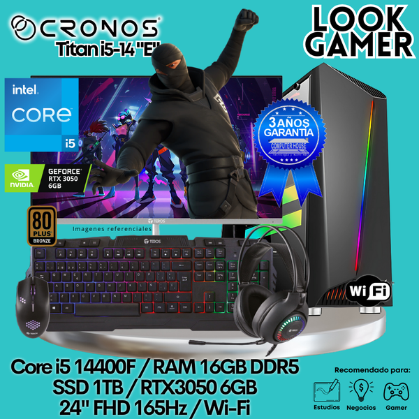 PC Look Gamer CRONOS Titan i5-14 "E", RAM 16GB DDR5, SSD 1TB, RTX3050 6GB, Monitor 24″ FHD 165Hz, Wi-Fi.