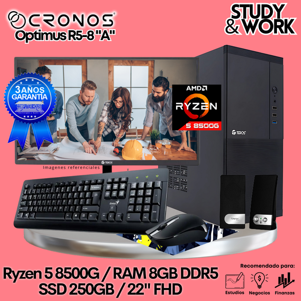 PC CRONOS Optimus R5-8 "A", RAM 8GB DDR5, SSD 250GB, Monitor 22″ FHD, Kit Teclado + Mouse, Parlantes o Audífono.