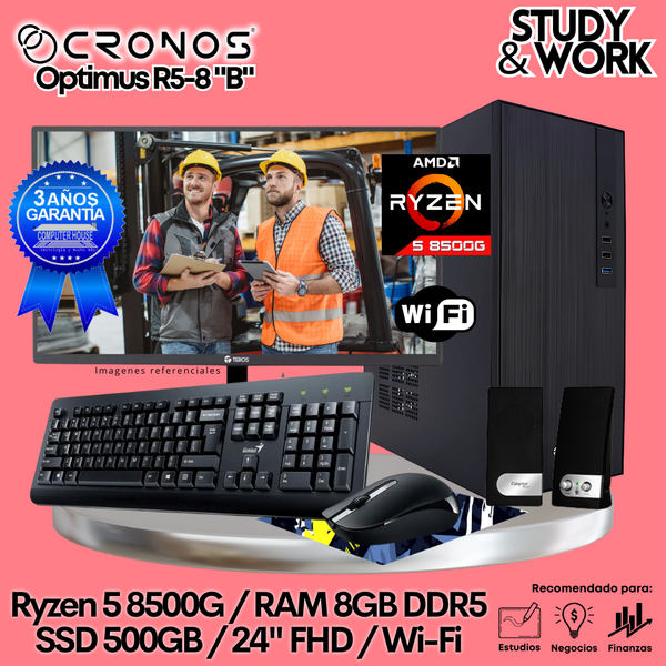 PC CRONOS Optimus R5-8 "B", RAM 8GB DDR5, SSD 500GB, Monitor 24″ FHD, Wi-Fi, Kit Teclado + Mouse, Parlantes o Audífono.