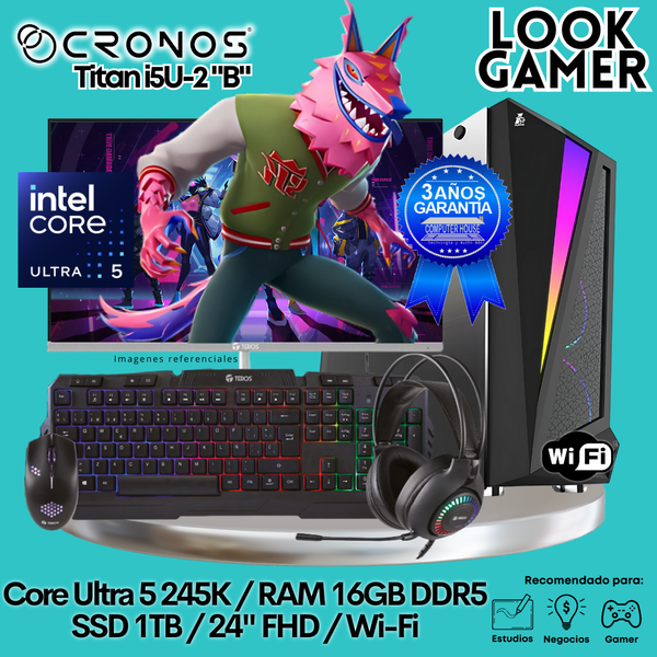 PC Look Gamer CRONOS Titan U5-2 "B", RAM 16GB DDR5, SSD 1TB, Monitor 24″ FHD, Wi-Fi.