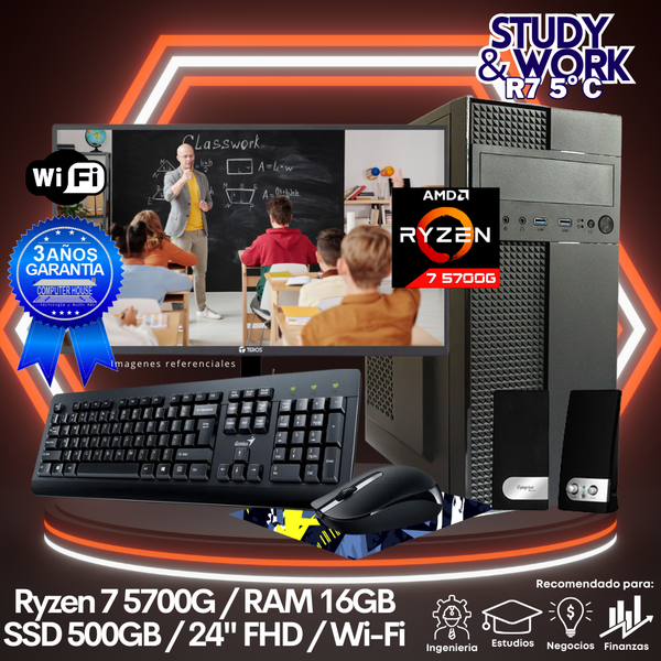 Desktop Ryzen 7-5700G "C", RAM 16GB, SSD 500GB, Wi-Fi, Monitor 24″ FHD, Kit Teclado + Mouse, Parlantes o Audífono.