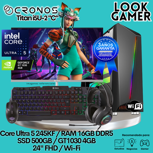 PC Look Gamer CRONOS Titan U5-2 "C", RAM 16GB DDR5, SSD 500GB, GT1030 4GB, Monitor 24″ FHD, Wi-Fi.