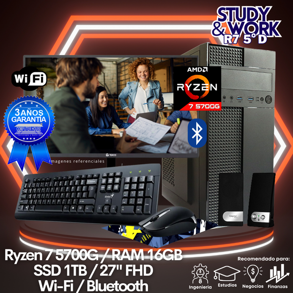 Desktop Ryzen 7-5700G "D", RAM 16GB, SSD 1TB, Wi-Fi, Bluetooth, Monitor 27″ FHD, Kit Teclado + Mouse, Parlantes o Audífono.