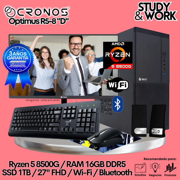 PC CRONOS Optimus R5-8 "D", RAM 16GB DDR5, SSD 1TB, Monitor 27″ FHD, Wi-Fi & Bluetooth, Kit Teclado + Mouse, Parlantes o Audífono.
