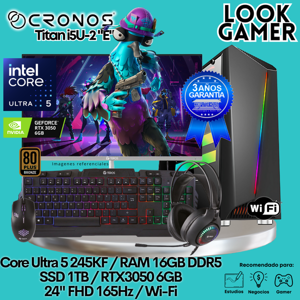 PC Look Gamer CRONOS Titan U5-2 "E", RAM 16GB DDR5, SSD 1TB, RTX3050 6GB, Monitor 24″ FHD 165Hz, Wi-Fi.
