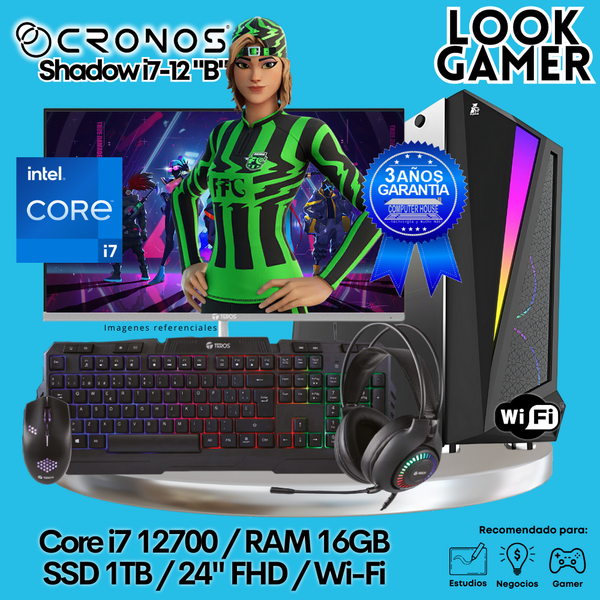PC Look Gamer CRONOS Shadow i7-12 "B", RAM 16GB, SSD 1TB, Monitor 24″ FHD, Wi-Fi.