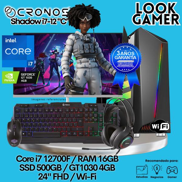 PC Look Gamer CRONOS Shadow i7-12 "C", RAM 16GB, SSD 500GB, GT1030 4GB, Monitor 24″ FHD, Wi-Fi.