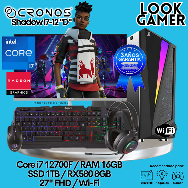 PC Look Gamer CRONOS Shadow i7-12 "D", RAM 16GB, SSD 1TB, RX580 8GB, Monitor 27″ FHD, Wi-Fi.