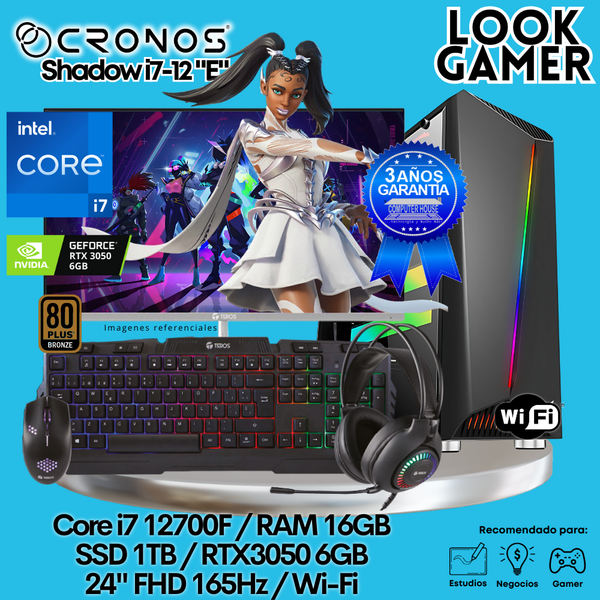 PC Look Gamer CRONOS Shadow i7-12 "E", RAM 16GB, SSD 1TB, RTX3050 6GB, Monitor 24″ FHD 165Hz, Wi-Fi.