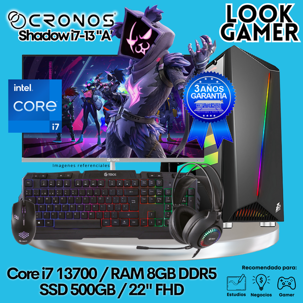 PC Look Gamer CRONOS Shadow i7-13 "A", RAM 8GB DDR5, SSD 500GB, Monitor 22″ FHD.