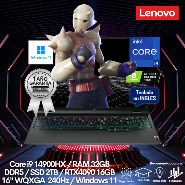 Laptop LENOVO Legion Pro 7, Core i9-14900HX, RAM 32GB DDR5, SSD 2TB, Video RTX4090 16GB, 16″  WQXGA 240Hz, Teclado en Inglés, Windows 11.