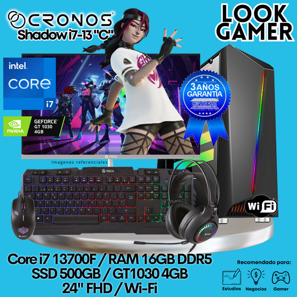 PC Look Gamer CRONOS Shadow i7-13 "C", RAM 16GB DDR5, SSD 500GB, GT1030 4GB, Monitor 24″ FHD, Wi-Fi.