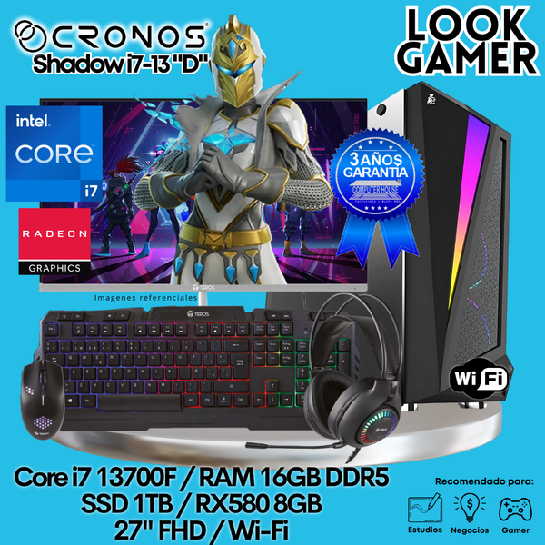PC Look Gamer CRONOS Shadow i7-13 "D", RAM 16GB DDR5, SSD 1TB, RX580 8GB, Monitor 27″ FHD, Wi-Fi.