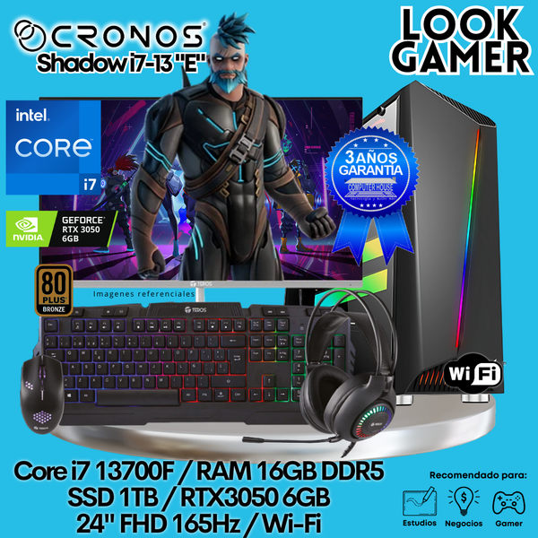 PC Look Gamer CRONOS Shadow i7-13 "E", RAM 16GB DDR5, SSD 1TB, RTX3050 6GB, Monitor 24″ FHD 165Hz, Wi-Fi.
