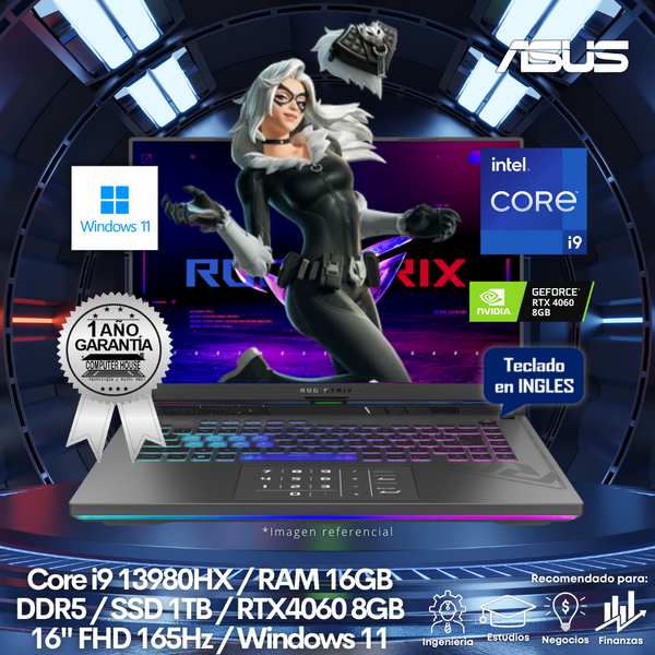 Laptop ASUS StrixScar, Core i9-13980HX, RAM 16GB DDR5, SSD 1TB, Video RTX4060 8GB, 16" FHD 165Hz, Teclado en Inglés, Windows 11.
