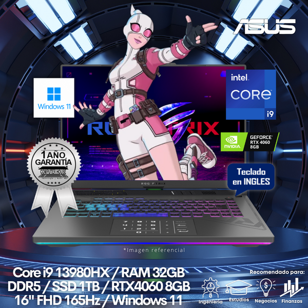 Laptop ASUS StrixScar, Core i9-13980HX, RAM 32GB DDR5, SSD 1TB, Video RTX4060 8GB, 16" FHD 165Hz, Teclado en Inglés, Windows 11.