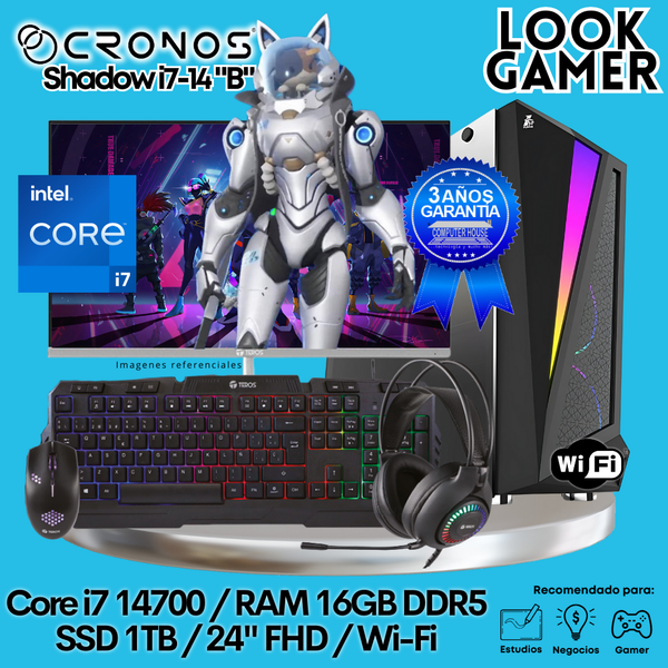 PC Look Gamer CRONOS Shadow i7-14 "B", RAM 16GB DDR5, SSD 1TB, Monitor 24″ FHD, Wi-Fi.
