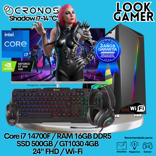 PC Look Gamer CRONOS Shadow i7-14 "C", RAM 16GB DDR5, SSD 500GB, GT1030 4GB, Monitor 24″ FHD, Wi-Fi.