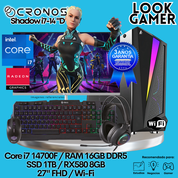 PC Look Gamer CRONOS Shadow i7-14 "D", RAM 16GB DDR5, SSD 1TB, RX580 8GB, Monitor 27″ FHD, Wi-Fi.