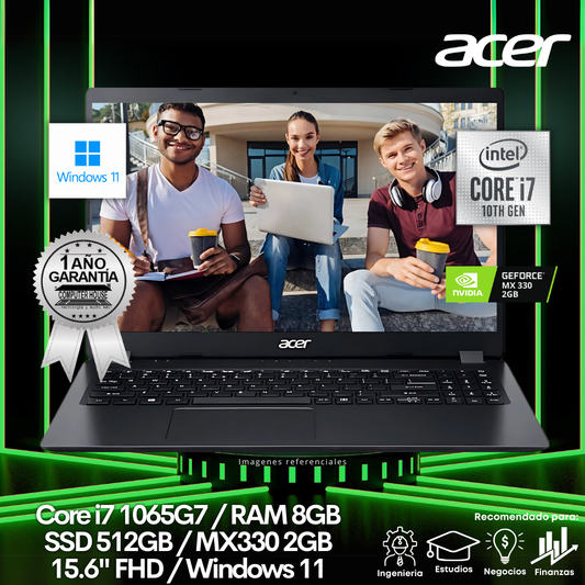 Laptop ACER Aspire 3 A315, Core i7-1065G7, RAM 8GB, SSD 512GB, Video MX330 2GB, 15.6″, Windows 11. (LIQUIDACION con yaya en marco en pantalla)