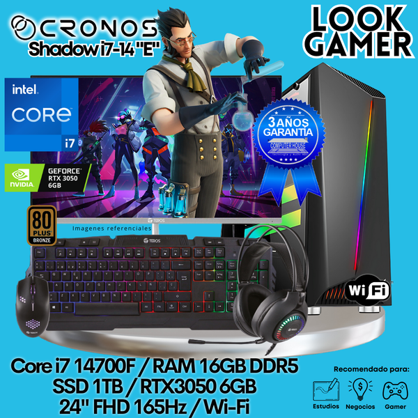 PC Look Gamer CRONOS Shadow i7-14 "E", RAM 16GB DDR5, SSD 1TB, RTX3050 6GB, Monitor 24″ FHD 165Hz, Wi-Fi.