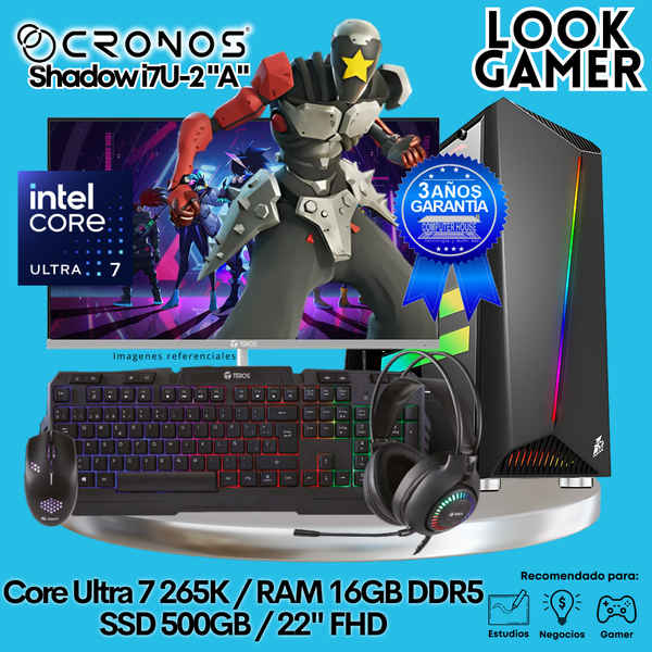 PC Look Gamer CRONOS Shadow U7-2 "A", RAM 16GB DDR5, SSD 500GB, Monitor 22″ FHD.