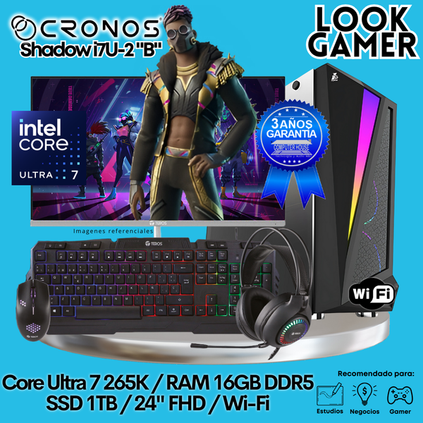 PC Look Gamer CRONOS Shadow U7-2 "B", RAM 16GB DDR5, SSD 1TB, Monitor 24″ FHD, Wi-Fi.