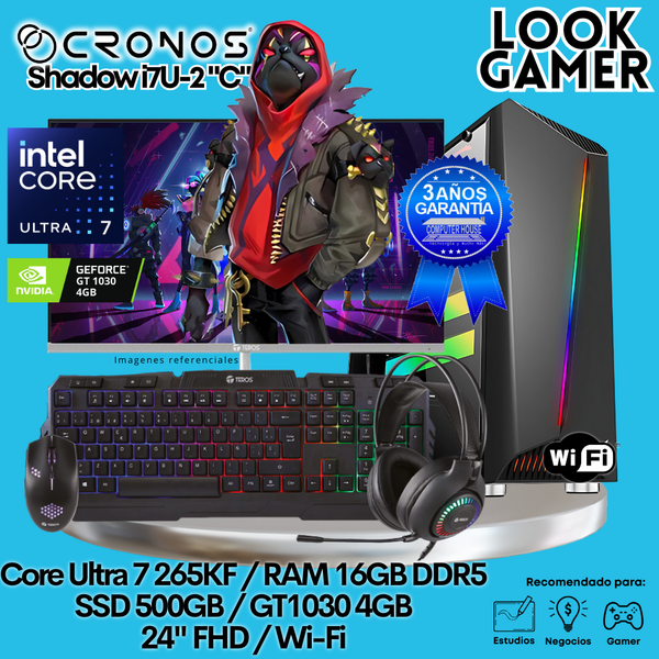 PC Look Gamer CRONOS Shadow U7-2 "C", RAM 16GB DDR5, SSD 500GB, GT1030 4GB, Monitor 24″ FHD, Wi-Fi.