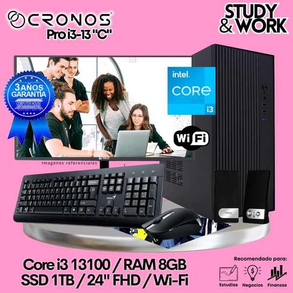 PC CRONOS Pro i3-13 "C", RAM 8GB, SSD 1TB, Monitor 24″ FHD, Wi-Fi, Kit Teclado + Mouse, Parlantes o Audífono.