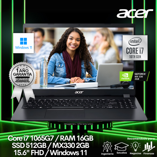 Laptop ACER Aspire 3 A315, Core i7-1065G7, RAM 16GB, SSD 512GB, Video MX330 2GB, 15.6″, Windows 11. (LIQUIDACION con yaya en marco en pantalla)