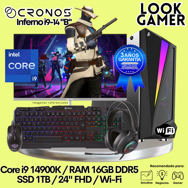 PC Look Gamer CRONOS Inferno i9-14 "B", RAM 16GB DDR5, SSD 1TB, Monitor 24″ FHD, Wi-Fi.
