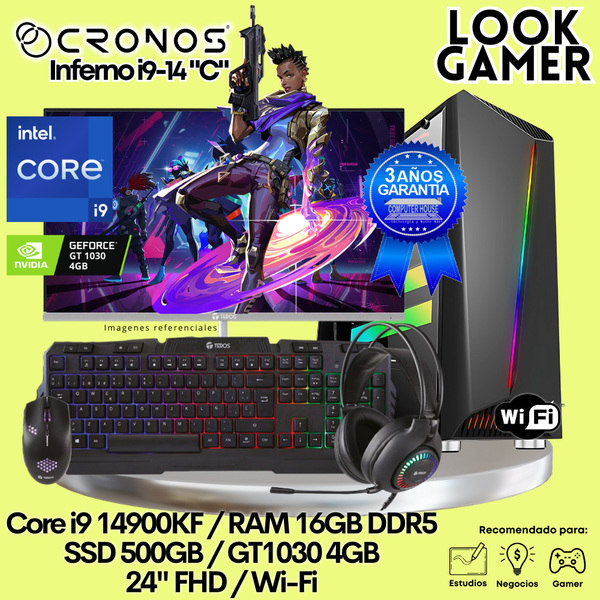 PC Look Gamer CRONOS Inferno i9-14 "C", RAM 16GB DDR5, SSD 500GB, GT1030 4GB, Monitor 24″ FHD, Wi-Fi.