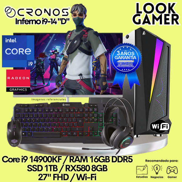 PC Look Gamer CRONOS Inferno i9-14 "D", RAM 16GB DDR5, SSD 1TB, RX580 8GB, Monitor 27″ FHD, Wi-Fi.