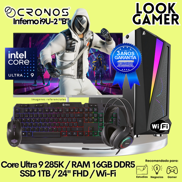 PC Look Gamer CRONOS Inferno U9-2 "B", RAM 16GB DDR5, SSD 1TB, Monitor 24″ FHD, Wi-Fi.