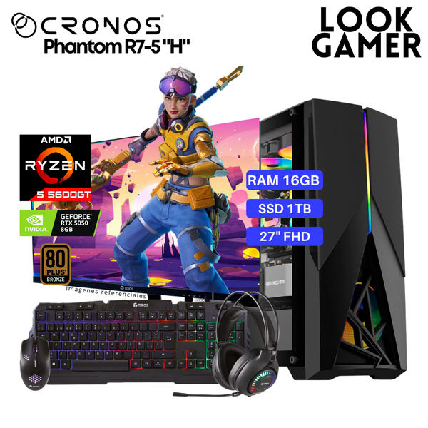 PC Look Gamer CRONOS Phantom R7-5 "H", RAM 16GB, SSD 1TB, RTX5050 8GB, Monitor 27″ FHD.