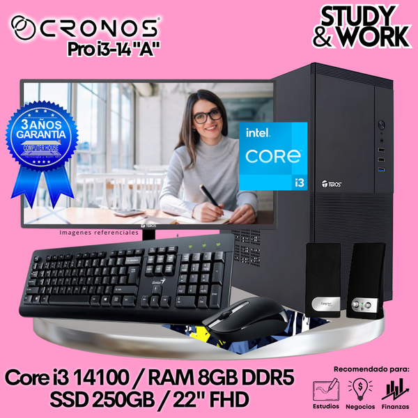 PC CRONOS Pro i3-14 "A", RAM 8GB DDR5, SSD 250GB, Monitor 22″ FHD, Kit Teclado + Mouse, Parlantes o Audífono.
