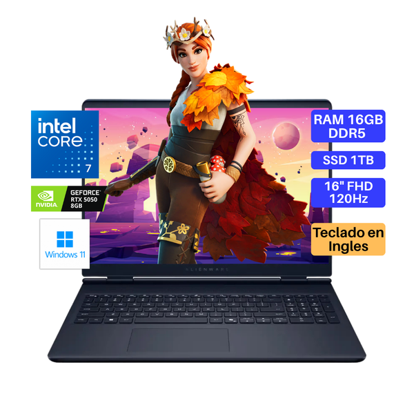 Laptop DELL Alienware, Core 7-240H, RAM 16GB DDR5, SSD 1TB, Video RTX5050 8GB, 16" FHD 120Hz, Teclado en Inglés, Windows 11.