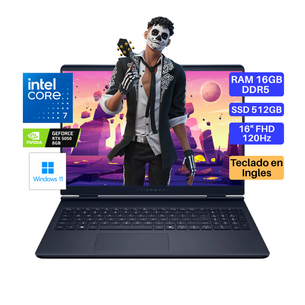 Laptop DELL Alienware 16 Aurora, Core 7-240H, RAM 16GB DDR5, SSD 512GB, Video RTX5050 8GB, 16" FHD 120Hz, Teclado en Inglés, Windows 11.