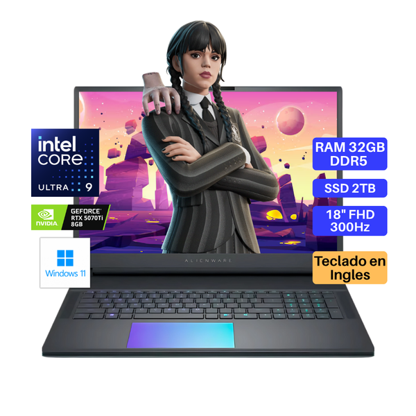 Laptop DELL Alienware, Core Ultra 9-275HX, RAM 32GB DDR5, SSD 2TB, Video RTX5070Ti 8GB, 18" FHD 300Hz, Teclado en Inglés, Windows 11.