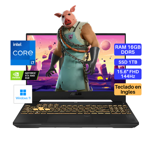 Laptop ASUS TUF Gaming F15, Core i7-13620H, RAM 16GB DDR5, SSD 1TB, Video RTX4060 8GB, 15.6" FHD 144Hz, Teclado en Inglés, Windows 11.