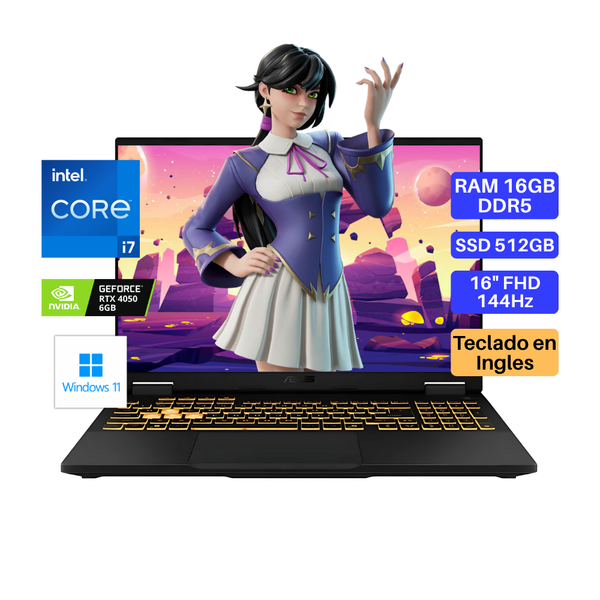 Laptop ASUS TUF Gaming F16, Core i7-13620H, RAM 16GB DDR5, SSD 512GB, Video RTX4050 6GB, 16" FHD 144Hz, Teclado en Inglés, Windows 11.