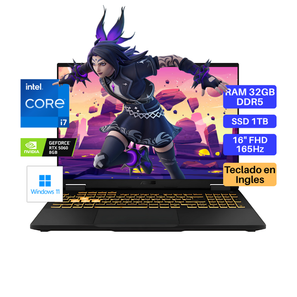 Laptop ASUS Tuf Gaming, Core i7-14650HX, RAM 32GB, SSD 1TB, Video RTX5060 8GB, 16" FHD 165Hz, Teclado en Inglés, Windows 11.