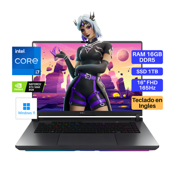 Laptop ASUS Rog Strix G16, Core i7-14650HX, RAM 16GB DDR5, SSD 1TB, Video RTX5060 8GB, 16" FHD 165Hz, Teclado en Inglés, Windows 11.