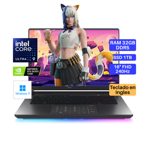 Laptop ASUS Rog Strix G16, Core Ultra 9-275HX, RAM 32GB DDR5, SSD 1TB, Video RTX5070Ti 12GB, 16" FHD 240Hz, Teclado en Inglés, Windows 11.
