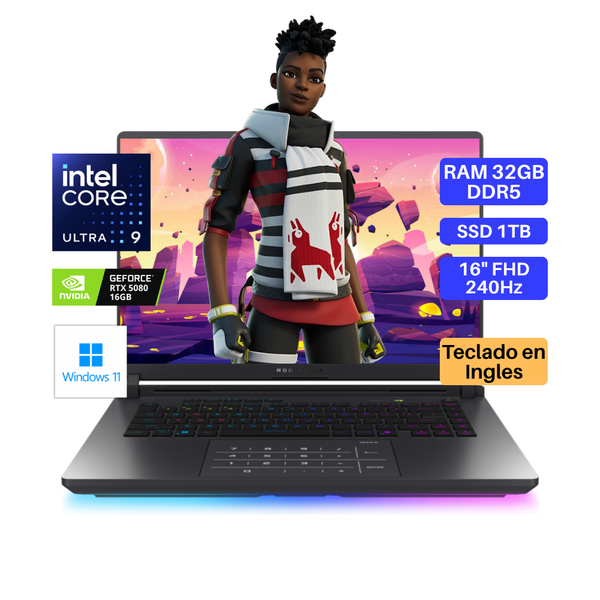 Laptop ASUS Rog Strix G18, Core Ultra 9-275HX, RAM 32GB DDR5, SSD 1TB, Video RTX5080 16GB, 16" FHD 240Hz, Teclado en Inglés, Windows 11.