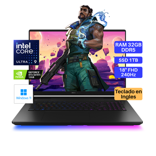 Laptop ASUS Rog Strix G18, Core Ultra 9-275HX, RAM 32GB DDR5, SSD 1TB, Video RTX5070Ti 12GB, 18" FHD 240Hz, Teclado en Inglés, Windows 11.