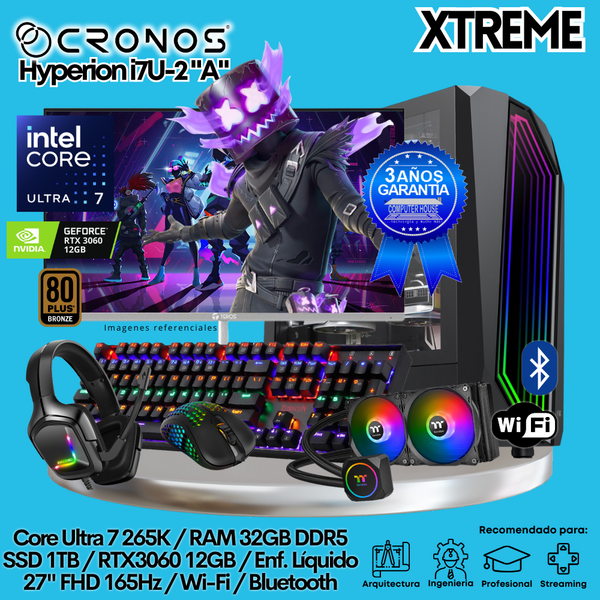 PC Xtreme CRONOS Hyperion U7-2 "A", RAM 32GB DDR5, SSD 1TB, RTX3060 12GB, Enfriamiento Líquido, Monitor 27″ FHD 165Hz, Wi-Fi & Bluetooth.