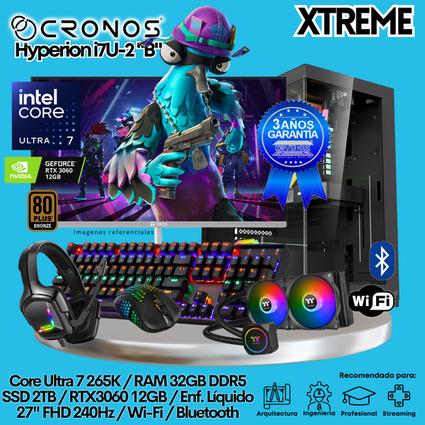 PC Xtreme CRONOS Hyperion U7-2 "B", RAM 32GB DDR5, SSD 2TB, RTX3060 12GB, Enfriamiento Líquido, Monitor 27″ FHD 240Hz, Wi-Fi & Bluetooth.