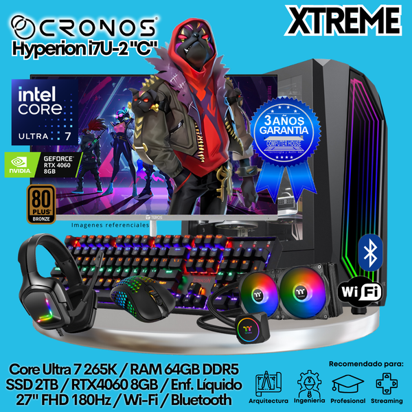 PC Xtreme CRONOS Hyperion U7-2 "C", RAM 64GB DDR5, SSD 2TB, RTX4060 8GB, Enfriamiento Líquido, Monitor 27″ FHD 180Hz, Wi-Fi & Bluetooth.