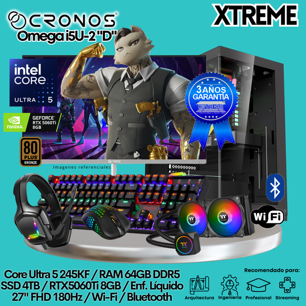PC Xtreme CRONOS Omega U5-2 "D", RAM 64GB DDR5, SSD 4TB, RTX5060Ti 8GB, Enfriamiento Líquido, Monitor 27″ FHD 180Hz, Wi-Fi & Bluetooth.